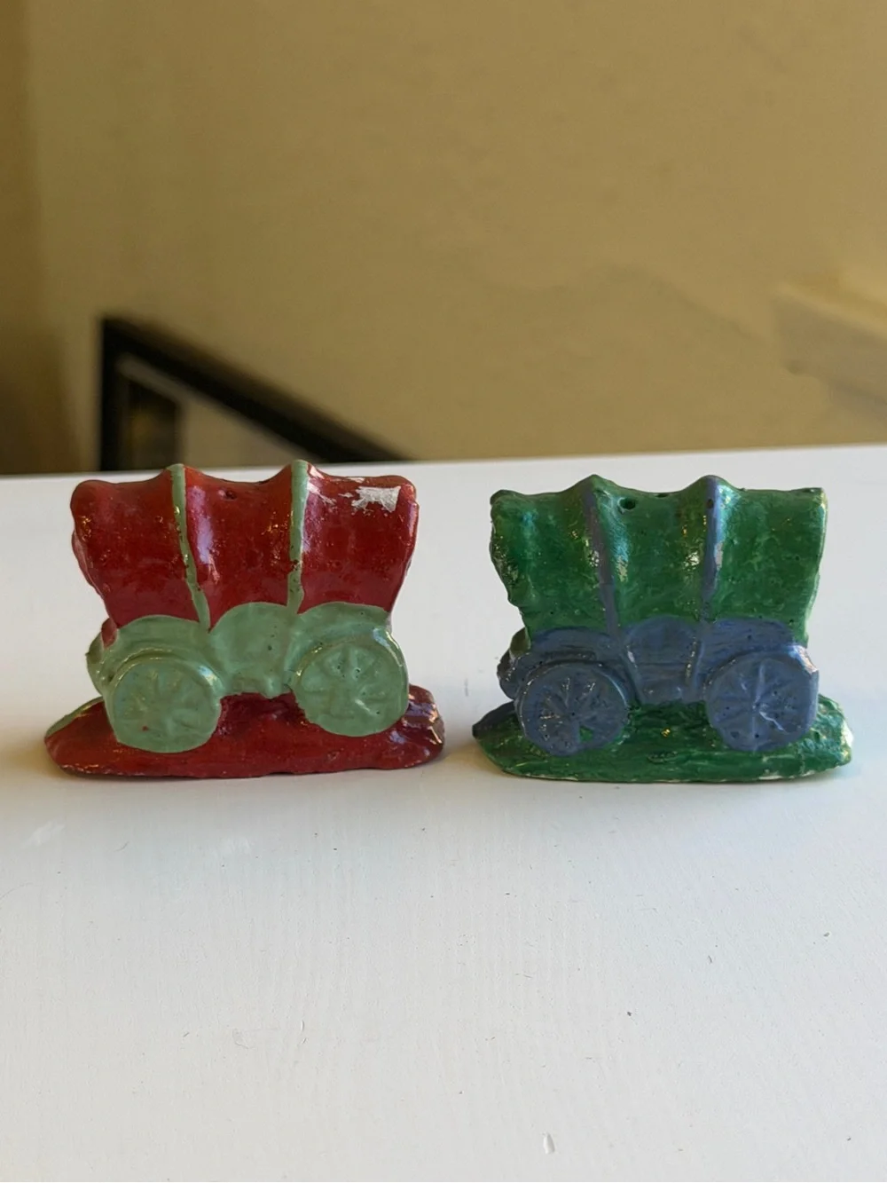 Vintage Covered Wagon Salt & Pepper Shakers Red Green Ceramic Western Americana